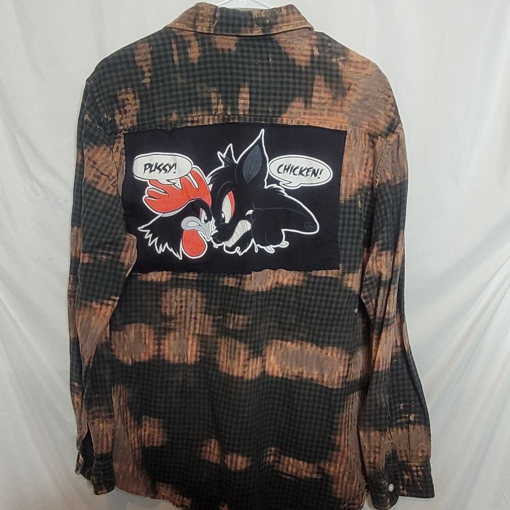 Chicken Cat NSFW Bleached Upcycle Flannel Shirt Nautica Jeans Adult Medium